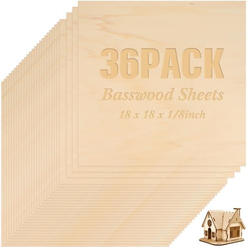 Riakrum Basswood Sheets Plywood Board Unfinished Wood Boards for Crafts for DIY Laser Projects Architectural Mini House Building Hobby Model Making(18 x 18 x 1/8 Inch,36)