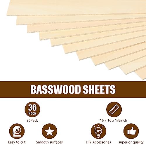 Riakrum Basswood Sheets Plywood Board Unfinished Wood Boards for Crafts for DIY Laser Projects Architectural Mini House Building Hobby Model Making(16 x 16 x 1/8 Inch,36)