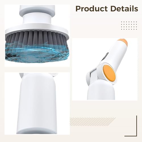 Electric Spin Scrubber 9-in-1, Cordless Power Scrubber for Bathroom and Kitchen with Adjustable Extension Handle, 1500 RPM Motor, IPX7 Waterproof Body, Digital Power Display, White and Orange