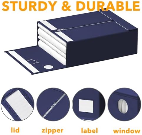 SpaceAid 12 Pack Bed Sheet Organizers and Storage, Foldable Linen Closet Organizer, Set Folder Keeper With Window XL (Queen & King Size) Bedding Container (Navy Blue)