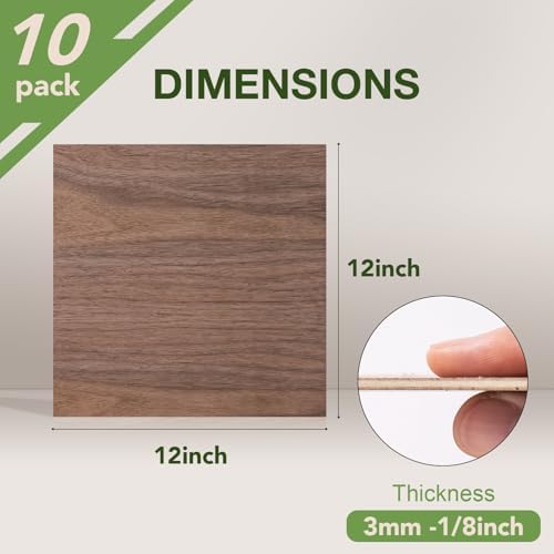 Rowood 10 Pack Walnut Plywood 1/8,12x12x1/8inch,3mm Thick Unfinished Wood for Laser Cutting and Engraving,DIY Ornaments,Wood Burning,Models Drawing