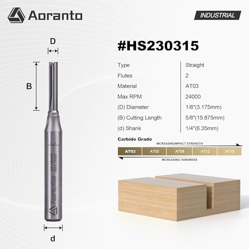 Straight Router Bits 1/4" Shank, 1/8" Cut Diameter, 5/8" Cut Length, Useful for Plunging Capabilities for Cutting Grooves, Dados, Mortising