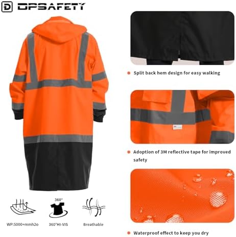 Hi Vis Rain Jacket with 3M Reflective Stripe,High Visibility Class 3 Rain coats,Safety Waterproof Rain Suits for Men with Hood and 2 Large Pockets construction work rain gear(Orange S)