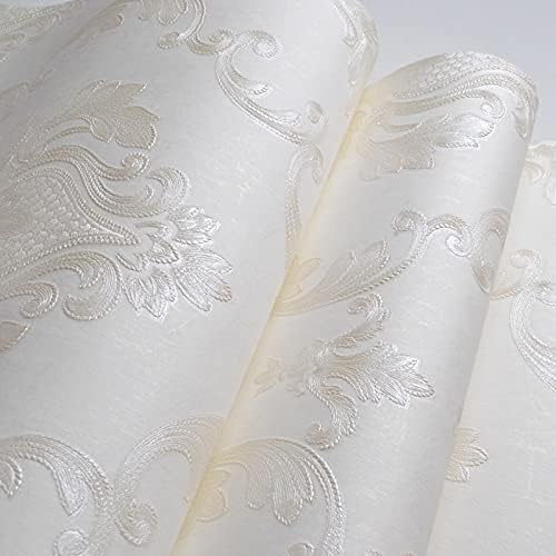 AMINAH DECO Cream White Damask Decorative Textured Floral Wallpaper Non-Woven Wall Paper Home Decoration,20.8 in X 393.00 in [ Not Peel and Stick ]