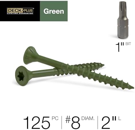 Deck Plus 2 Inch Epoxy Coated Exterior Wood and Fence Screws #8 x 2 Torx/Star Drive Included Coarse Thread, Outdoor Rust Resistant Decking Screw, Green, 1lb Box, 125 Pieces | 48399 (Pack of 2)