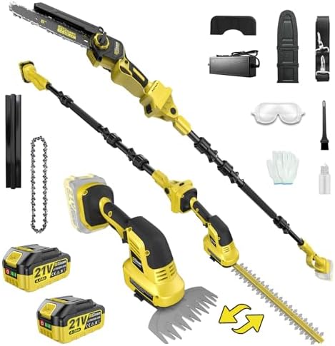 6-IN-1 Cordless Pole Saw & Pole Hedge Trimmer Combo Kit, Dual 4.0Ah Batteries, 8" Brushless Chainsaw, 16" Electric Hedge Trimmer, 6" Grass Shears, 14.92Ft Long Reach, Bush Trimmer for Tree Shrubs