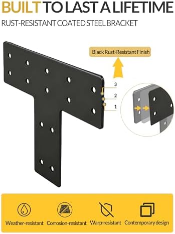6 Pcs Ultra-Thick T Post Bracket, 12" x 8" Extreme Weatherproof Flat Mending Plate, Heavy Duty Structural Connector for 4x4 6x6 Lumber, Outdoor Pergola, Cabin & Deck Timber Framing