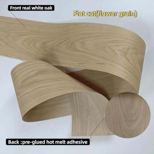 White Oak Wood Veneer Sheet,Flat Cut,8.5''x 98'',Iron On Stick Veneer Roll Without Paper,Pre-glued Hot Melt Self Adhesive Tape for Cabinet Furniture Plywood Door Speaker Renovation