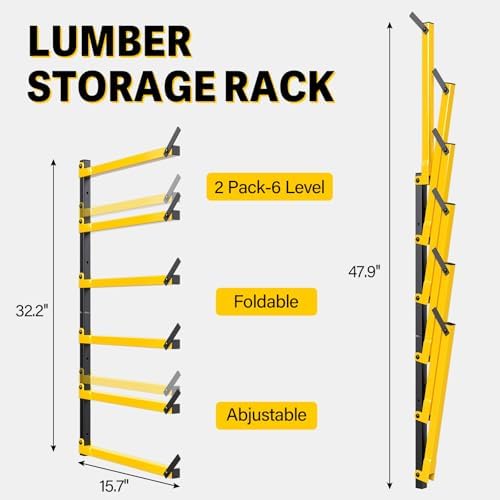 GREENER Lumber Storage Rack Folding Wood Storage Racks Wall-Mounted Metal Racks for Storage with 6-Level Heavy Duty Garage Wood Organizer for Woodworking Shop Indoor & Outdoor Use, 2 pairs,Yellow