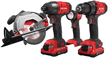 CRAFTSMAN V20 MAX Cordless Power Tool Kit, Circular Saw with 6 1/2 inch Blade, 1/4 inch Impact Driver, 1/2 inch Drill/Driver, LED Task Light, Battery and Charger Included (CMCK401D2AM)