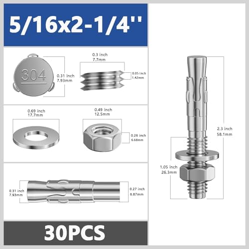 Wensilon 30Pcs 5/16x2-1/4 Inch Standard Fasteners for Heavy-Duty 304 Stainless Steel Wedge Anchors for Cement and Concrete