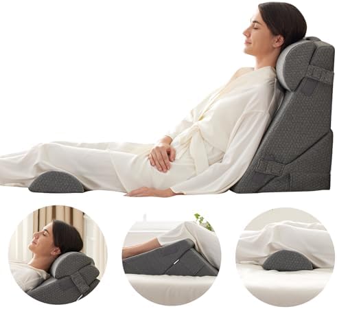 Bedluxe Adjustable 4pcs Bed Wedge Pillow Set, Memory Foam Wedge Pillow Post Surgery for Back, Neck, Leg Pain Relief, Pillow Wedge for Sleeping, Sitting up in Bed, Acid Reflux and GERD, Dark Grey