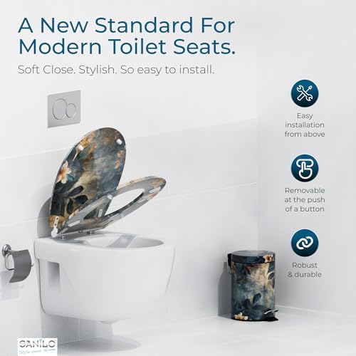 Sanilo Wooden Toilet Seat with Quick Release & Soft Close [ROUND] - Decorative & Slow Close Molded Wood Seat - With One Click for Easy Installation & Cleaning - With Adjustable Fit (Lilybud)
