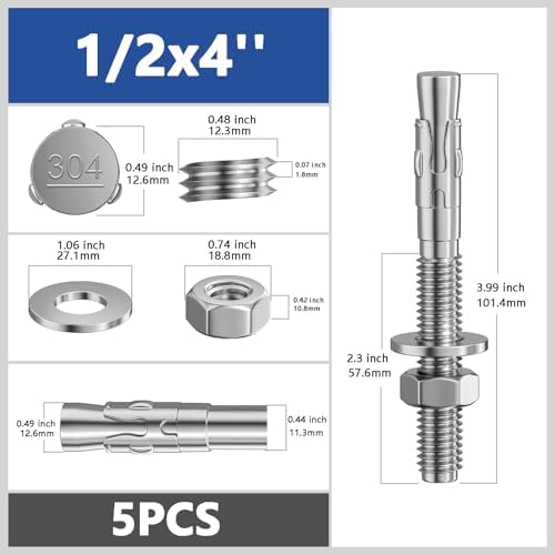 Wensilon 5Pcs 1/2x4 Inch Standard Fasteners for Heavy-Duty 304 Stainless Steel Wedge Anchors for Cement and Concrete
