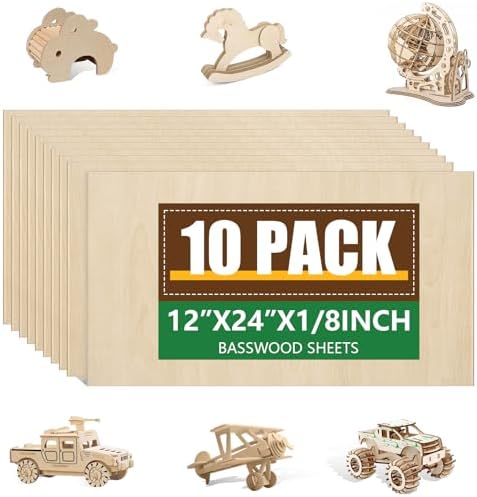 10 Pack Basswood Sheets 1/8x12x24 Inch, Unfinished Wood for Crafts, 3mm Basswood for Laser Cutting & Engraving, Wood Burining,Architectural Models, Wood Board for Painting.