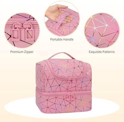 CUBETASTIC Nail Polish Organizer Bag, Double Layer Nail Tech Travel Case Holds 27 Bottles & Nail Lamp, Pink Nail Storage Organizer Box for Supplies, Portable Manicure Case