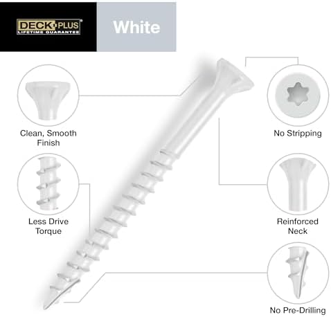 Deck Plus 1-5/8 Inch Epoxy Coated Exterior Wood and Fence Screws #8 x 1-5/8" Torx/Star Drive Included Coarse Thread, Outdoor Rust Resistant Decking Screw, White, 75 Pieces | 42667