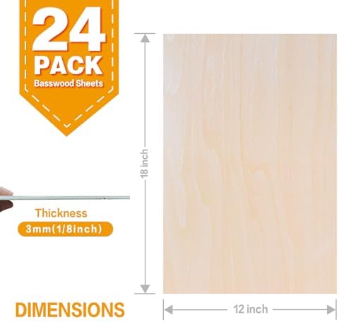 24Pack Basswood Sheets 18"x12"x1/8", 3mm Basswood for Laser Cutting, Thin Plywood Board Unfinished Wood for Crafts, DIY Architectural Models Making, Wood Engraving (24Pack-18x12inch)