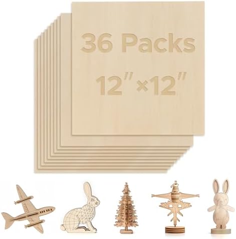 OMTech 36 Pack Birch Plywood Sheets, 12x12 Inch Plywood for Crafts, 1/8" Thick Wood Sheets for Laser Cutting Engraving, Unfinished Wood Boards for DIY Projects Drawing Painting