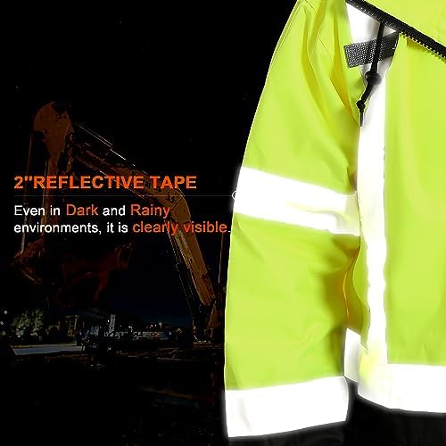 Reflective Rain jackets for men waterproof,Hi Vis Safety Coat With Reflective Strips，High Visibility Class 3 Rain jackets With 2 large pockets，Zipper,Black Bottom Lime,LG/XL