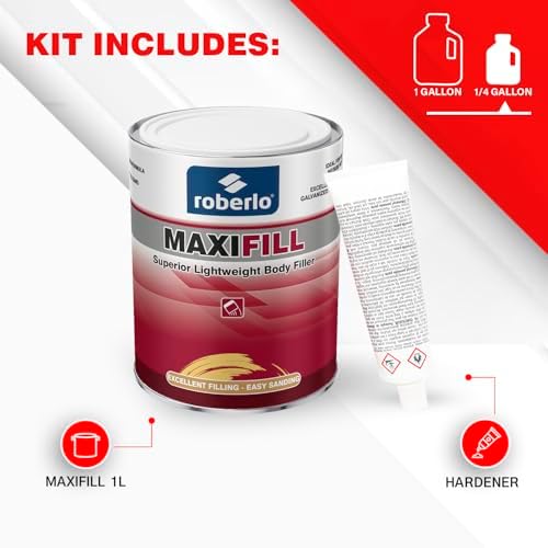 Roberlo Maxifill Superior Lightweight Body Filler - Easy Sanding, Lightweight & Paintable for Car Repairs - Adheres to Fiberglass, Metal, Plastic & More - Ideal for Dents & Scratches -1 Liter+Hardener