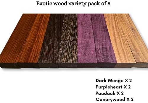 Exotic Hardwood Hobby Pack, 3/4" x 2" x 12", Purpleheart Padauk Wenge Canarywood Premium Lumber for Cutting Board, Charcuterie Board, and Woodworking Projects (2x12)