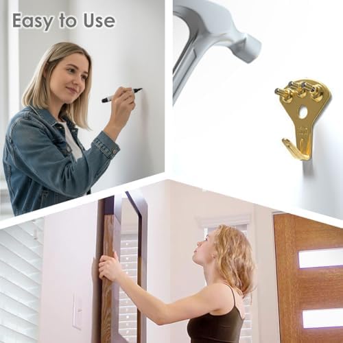 Picture Hangers Heavy Duty, Extra Thick, 100 lb, Decorative Hanging Hooks Hardware for Drywall and Plaster Walls with Large Nailers and Nails, Painting, 40pcs, Gold