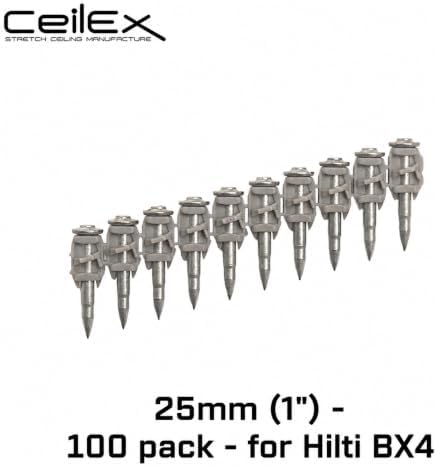100x Collated Concrete Nails 1 Inch (25mm) for Hilti BX 4 (BX4) Cordless Concrete Nailer, B4 MX Collated Strip, Full Round Head Hardened Steel Pins for Metal Track, Drywall & Concrete