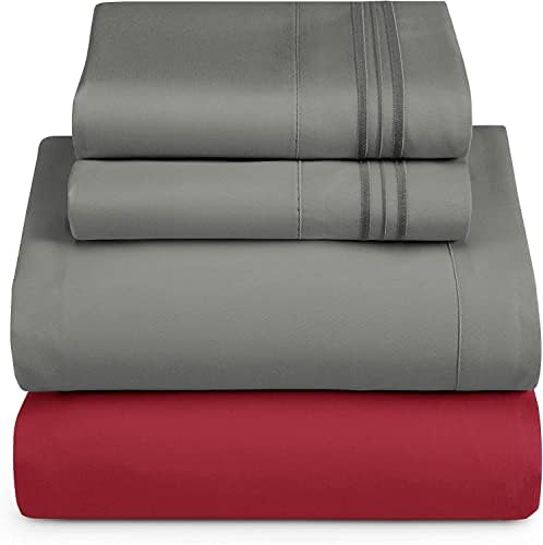 Nestl Full Sheets Set - 4 Piece Full Bed Sheets, Hotel Luxury, Extra Soft, Double Brushed Bedding for Full Size, 2 Tone Burgundy/Grey Set, Burgundy Fitted Sheet, Grey Flat Sheet, Grey Pillow Case