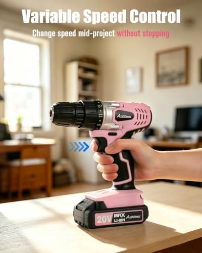 AVID POWER 20V Cordless Drill Set for Home DIY & Beginner Projects - Lightweight Power Drill with Battery Charger & 22 Bits, Variable Speed, 3/8" Keyless Chuck, Ideal for Furniture Assembly (Pink)