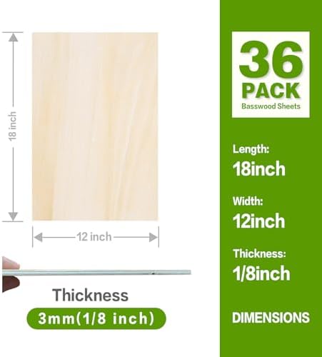 Basswood Sheets 18"x12"x1/8",3mm Basswood for Laser Cutting,Thin Plywood Board Unfinished Wood for Crafts, DIY Architectural Models Making, Wood Engraving (18inchx12inch-1/8-36Packs)