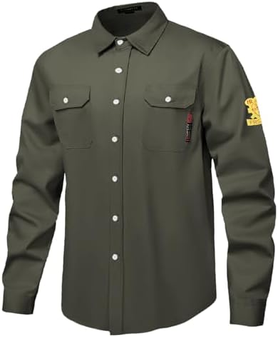 FR Shirts for Men 7oz Hi Vis Fire Resistant Shirts CAT2 Welding Shirt 100% Cotton Flame Resistant Shirt Dark Green(Small)