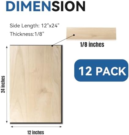 12Pack Basswood Sheets for Craft, 12×24×1/8 Inches Thick Plywood Sheet Unfinished Wood for Laser Cutting Wood Board for DIY Projects