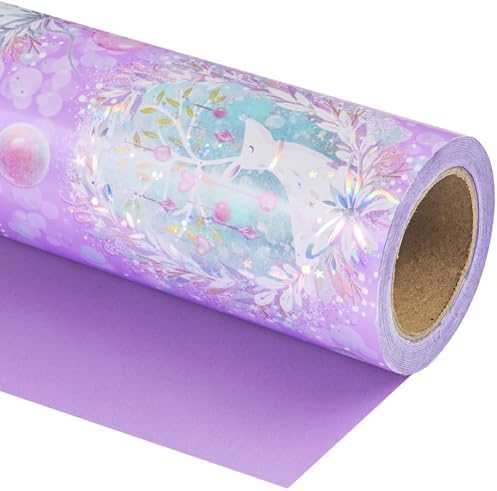 WRAPAHOLIC 30 Inch Jumbo Reversible Purple Christmas Wrapping Paper - 30 Inch x 100 Feet Jumbo Roll Purple Reindeer and Christmas Garland with with Metallic Foil Shine for Holiday, Party