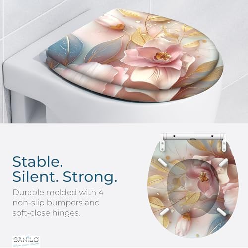 Sanilo Wooden Toilet Seat with Quick Release & Soft Close [ROUND] - Decorative & Slow Close Molded Wood Seat - With One Click for Easy Installation & Cleaning - With Adjustable Fit (Florentia)