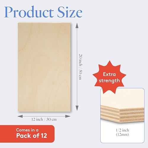Baltic Birch Plywood 12 x 20 x 1/2 Inch - 12 mm Craft Wood, Pack of 12 B/BB Grade, Stronger Than Basswood Sheets or Balsa Wood, Perfect for Laser, CNC Cutting, Wood Shelves, by Woodpeckers