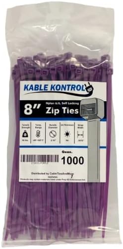 Kable Kontrol Cable Zip Ties, 8 Inch, 1000 Pcs, 50lbs Test, Purple | Nylon Plastic, Self Locking, UL Listed, Indoor Use