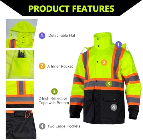 Class 3 High Visibility Rain Suit With Detachable Hood Waterproof Lime Reflective Safety Worker Jacket & Pants (S/M Yellow)