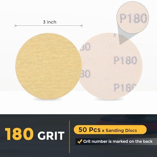 HARFINGTON 50 Pcs 3 Inch Sanding Discs 180 Grit Yellow Aluminum Oxide