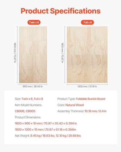 VEVOR Bunkie Board Twin Size, 35" x 71" Foldable Box Spring, 0.4" Thicker Wooden Bed Boards for Under Mattress, Bed Slats with No Assembly Required, Easy-to-use Bed Support Board