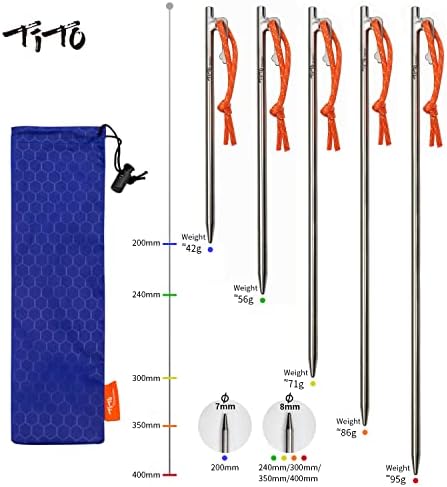 TiTo Titanium Tent Pegs Stakes Lightweight Snowfield Grassland Heavy Duty Tent Nails for Outdoor Camping Hiking and Plant Support Garden Stakes 4pcs/6pcs (8×300mm-6pcs)