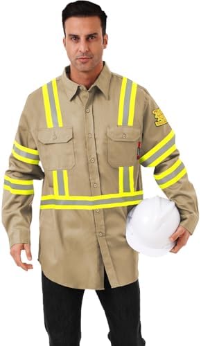 FR Shirts for Men 7oz High Visibility Fire Resistant Shirts CAT2 Welding Shirt 100% Cotton Hi Vis Flame Resistant Shirt Khaki(X-Large)