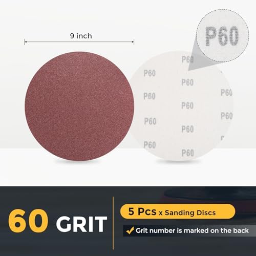 HARFINGTON 5 Pcs 9 Inch Sanding Discs 60 Grit Red Aluminum Oxide