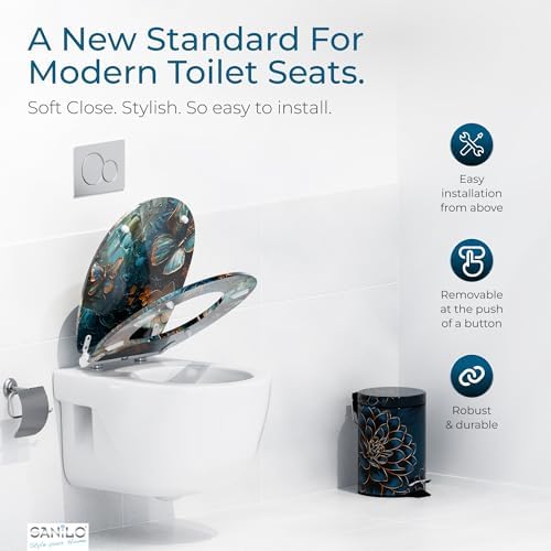 Sanilo Wooden Toilet Seat with Quick Release & Soft Close [ROUND] - Decorative & Slow Close Molded Wood Seat - With One Click for Easy Installation & Cleaning - With Adjustable Fit (Mariposa)