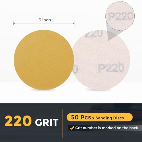 HARFINGTON 50 Pcs 3 Inch Sanding Discs 220 Grit Yellow Aluminum Oxide