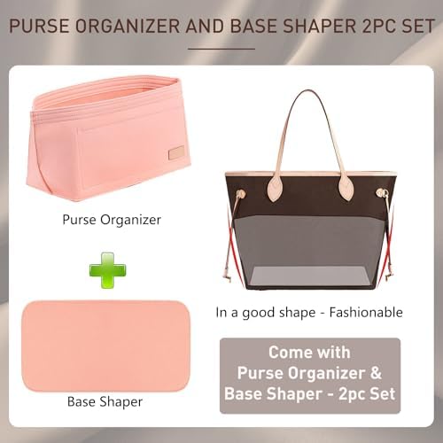 Doxo Purse Organizer Insert for Handbags & Base Shaper 2pc Set, Felt Neverfull PM Organizer Insert, Tote Bag Organizer with Zipper Pocket and Bottle Holder, Fit Neverfull PM and More, Pink-M