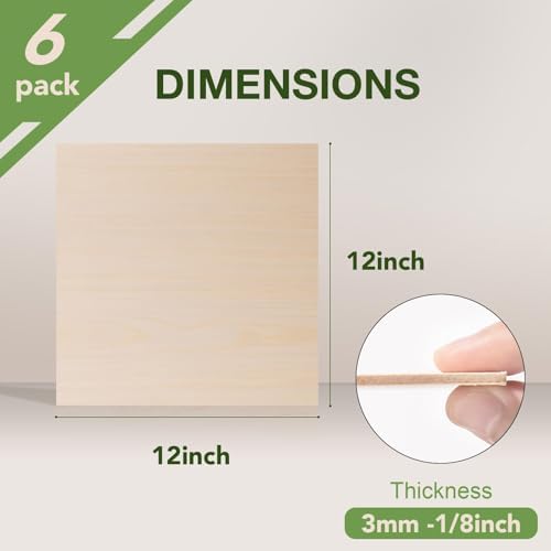 6 Pack Maple Plywood Sheets, 12 x 12 x 1/8 Inch, 3mm Plywood for Laser Cutting, Thin Unfinished Wood Sheets for Architectural Models, Wood Burning and DIY Crafts