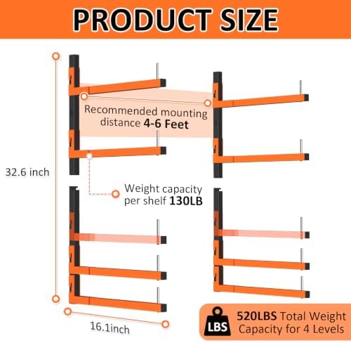 2 Pack Lumber Storage Rack, Wall Mount Removable & Adjustable Lumber Rack with 4-Level Holds Up 520 Lbs, Heavy Duty Metal Garage Wood Rack for Workshop, Basement, Indoor and Outdoor
