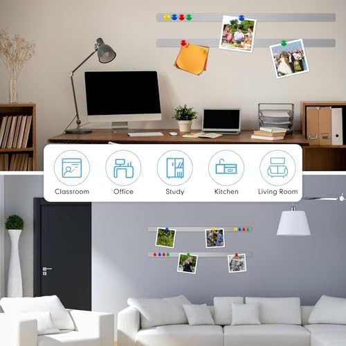 Mooliwe 6 Pcs 48" x 2" Frameless Magnetic Bulletin Board Strip for Wall Stainless Iron Metal Bulletin Bar Board Memo Strip with 16 Magnets 4 Nails 4 Wall Anchors for School Office Home (Silver)