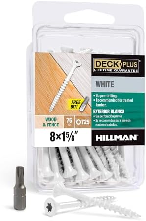 Deck Plus 1-5/8 Inch Epoxy Coated Exterior Wood and Fence Screws #8 x 1-5/8" Torx/Star Drive Included Coarse Thread, Outdoor Rust Resistant Decking Screw, White, 75 Pieces | 42667
